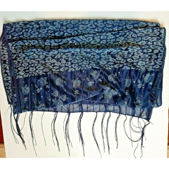 Navy Sparkly Striped Animal Print Floral Fringed Wrap Scarf New - Picture 2 of 4